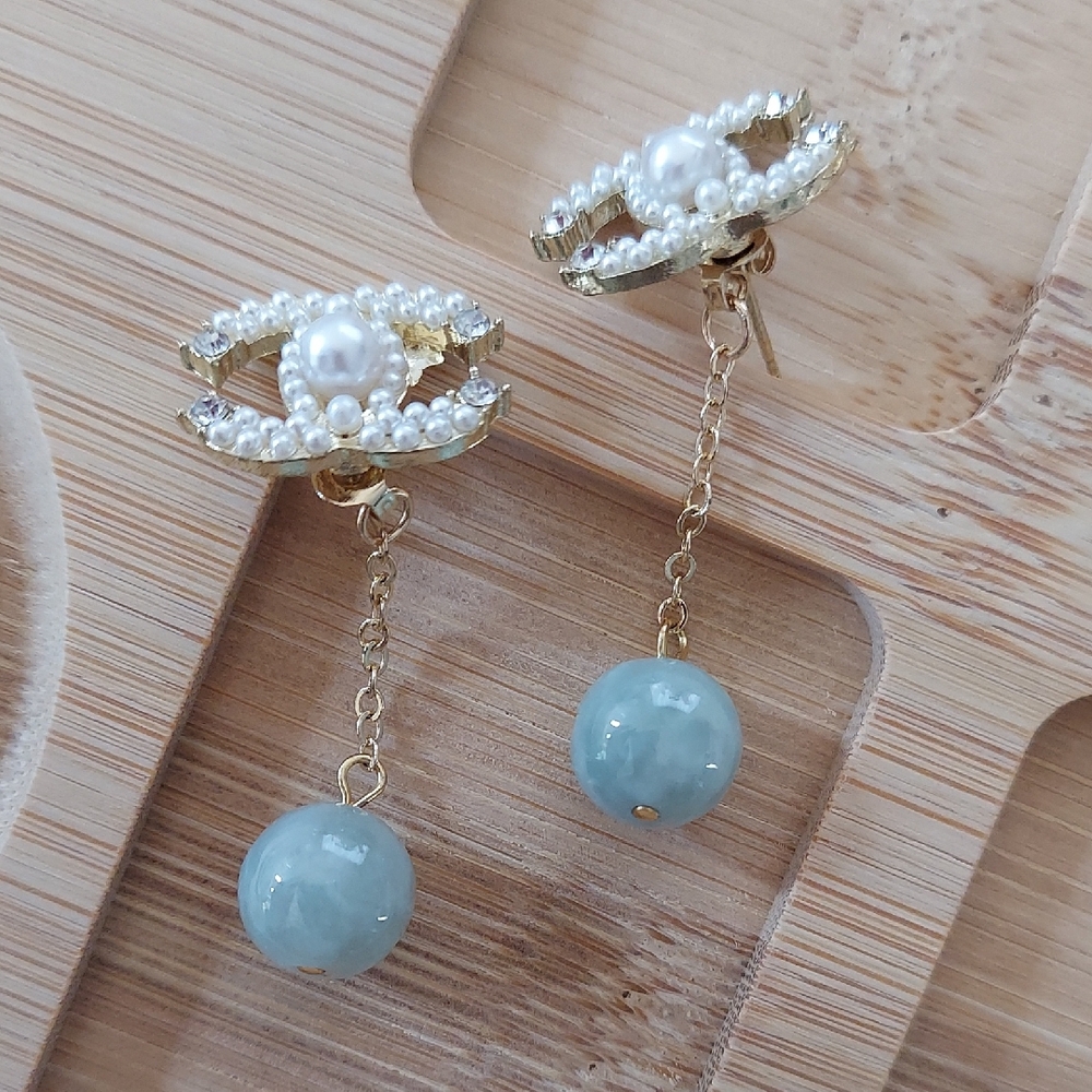 Gold and Pearl Chain Drop Earrings with Burmese Jade